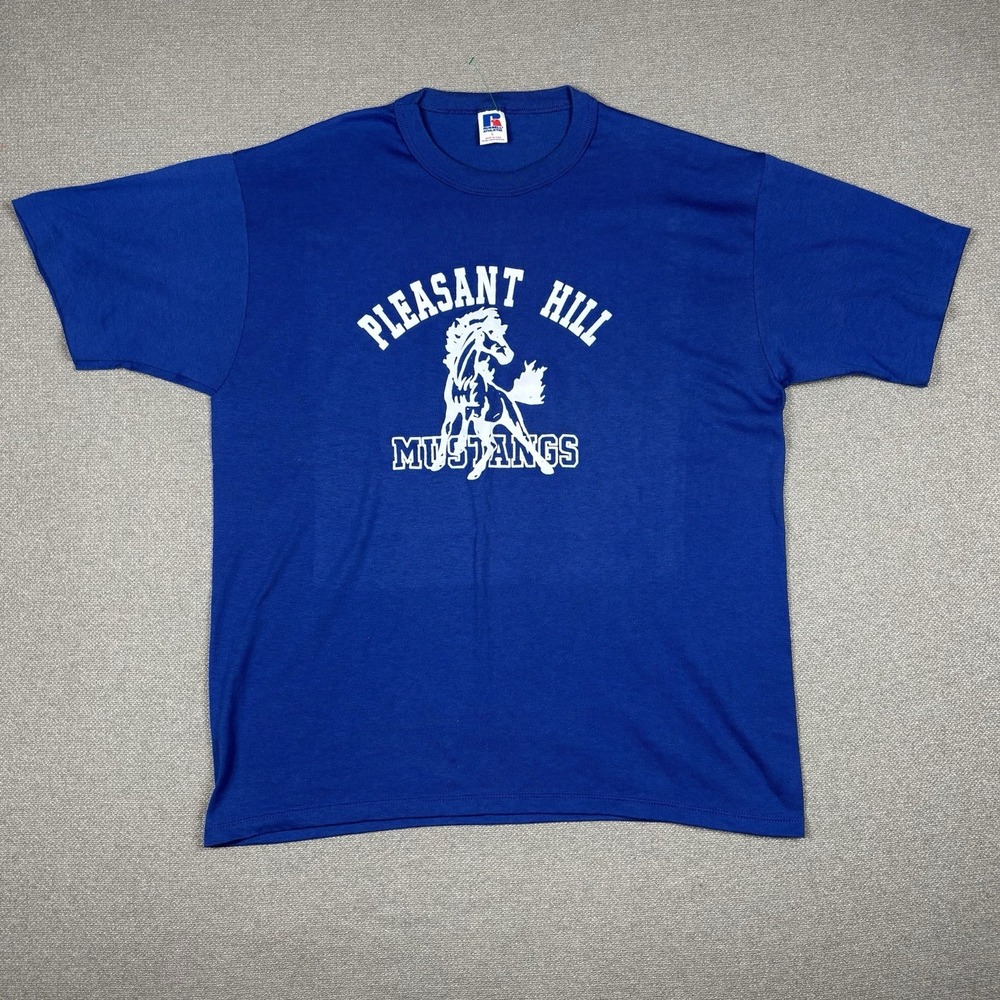 Vintage Russel Athletic Graphic Mustang T Shirt Mens L Blue Made In USA